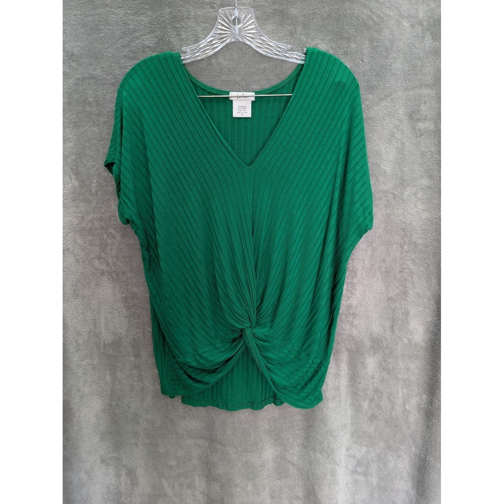 Twist Front Top Women's Medium Green Rib Knit Dolman Casual‎ Relaxed Slouchy
